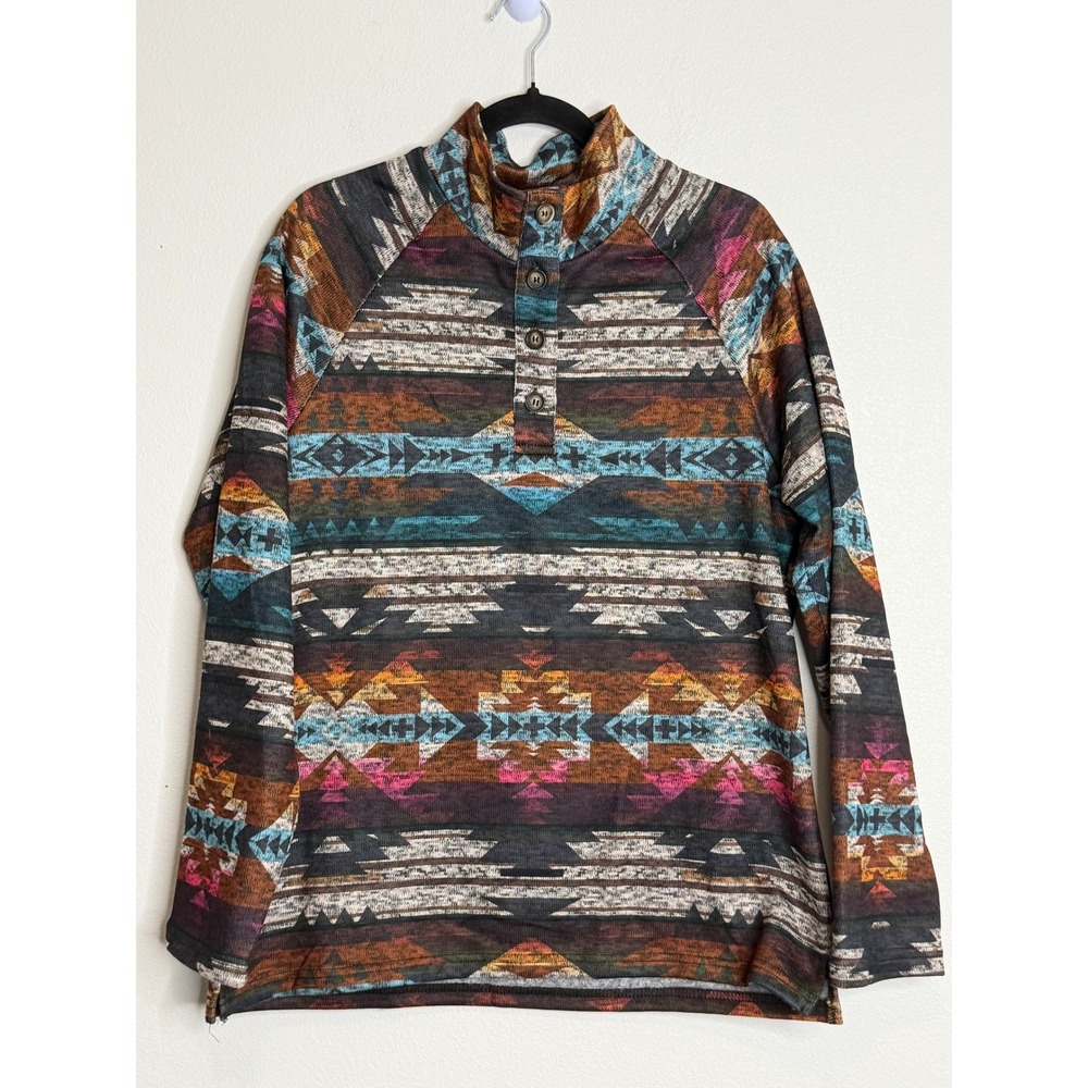 Sterling Kreek Whitney Aztec Print Henley Pullover Mock Neck Western Top Medium